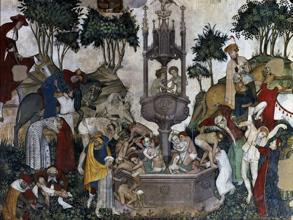'The fountain after bathing in the Fountain of Youth'. Mural painting in the castle of the Duke ?