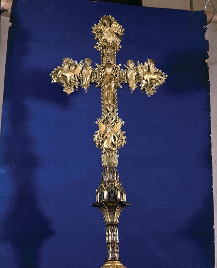 'Processional Cross' (back). Silver gilt and enamelled with sculptural applications, enamel plat?