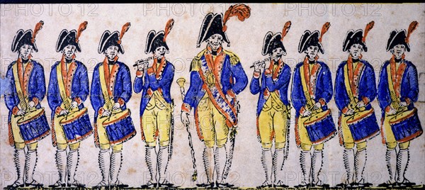 Reproduction of a cutout of a military music band, engraving, 1830s.