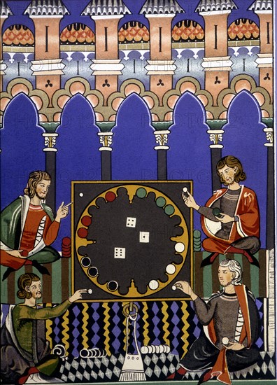 Playing dice. Miniature of the 'Book of Games', manuscript, 1283, by Alfonso X el Sabio.