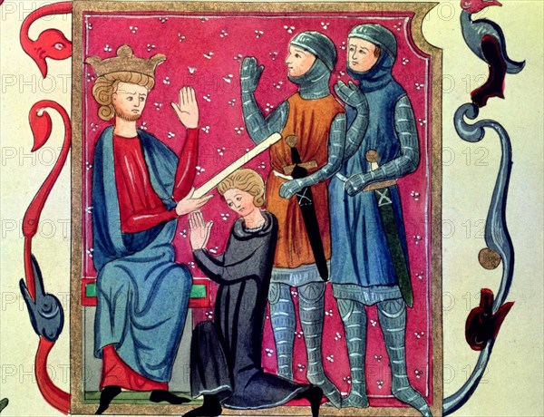 Investiture of a knight. Miniature in the 'Codex of Metz', 1290.