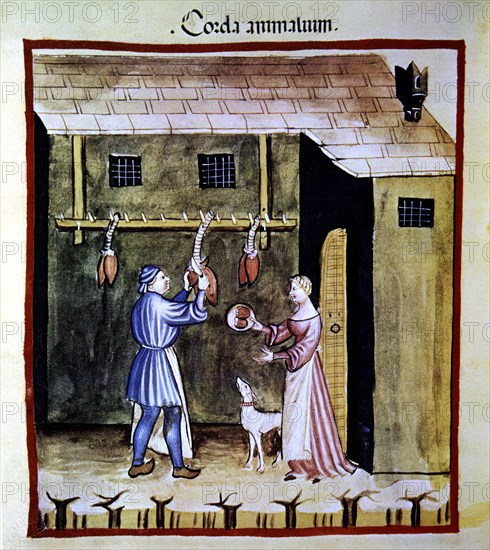 Tripe and offal shop, selling animal hearts. Miniature in the 'Tacuinum sanitatis', illuminated m?