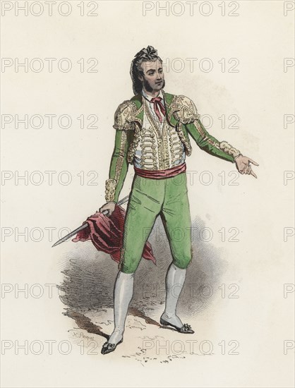 Torero (Bullfighter), color engraving 1870.