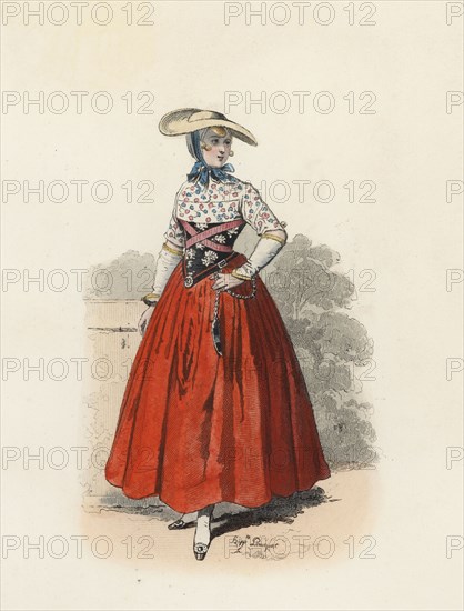 Dutch gardener woman, color engraving 1870.