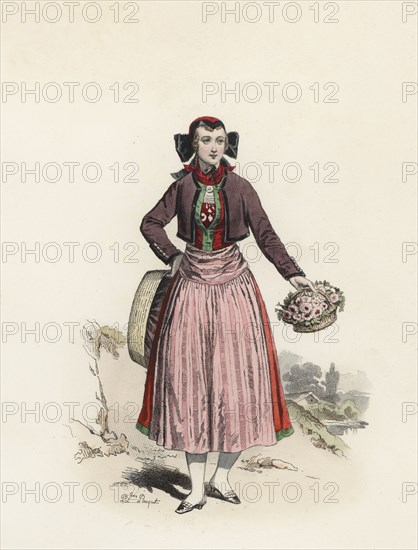 Florist in Hamburg, color engraving 1870.