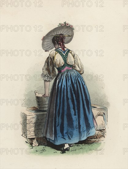Young woman from the Canton Unterwald (Switzerland), color engraving 1870.