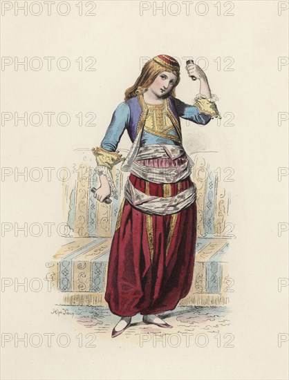 Greek Dancer woman, color engraving 1870.