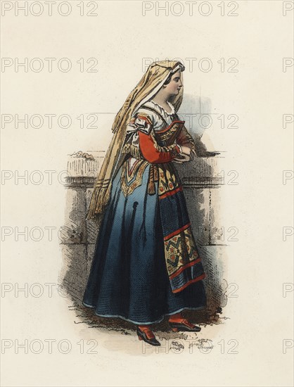 Woman from Cervera (Kingdom of Naples), color engraving 1870.