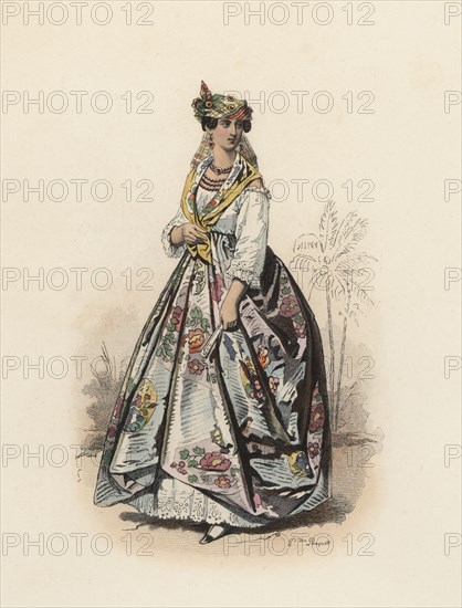 Mulatto woman from Martinique island, Color engraving 1870.