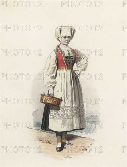 Young woman from Hardanger (Norway), color engraving 1870.