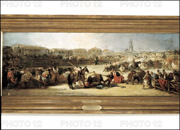 Bullfight in a village', oil on table.