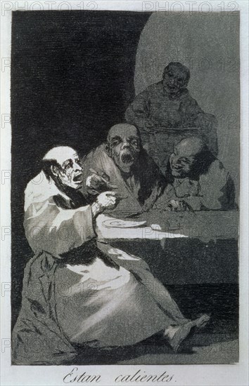 Los Caprichos, series of etchings by Francisco de Goya (1746-1828), plate 13: 'Están calientes' (?