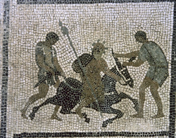 Silenus on a donkey, mosaic.