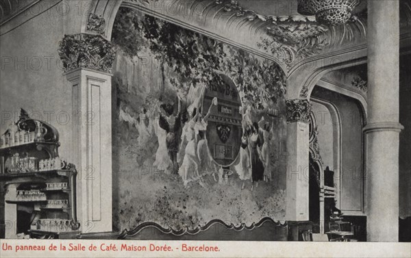 Panel of the room of the Café Maison Dorée in Barcelona, ??photography of 1915, postcard.