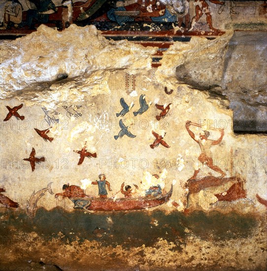 Burial chamber of the necropolis of Tarquinia, mural painting with hunting and fishing scene.