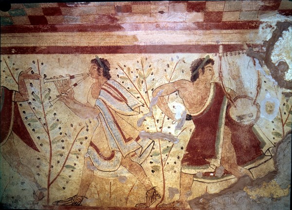 Burial chamber of the necropolis of Tarquinia, mural painting with the representation of two musi?