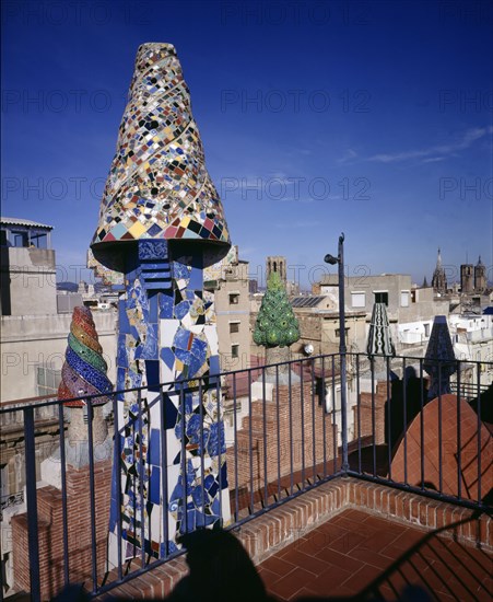 Chimneys on the roof of the Güell Palace 1886-1890, designed by Antoni Gaudí i Cornet, renovated ?