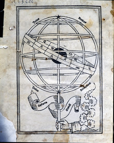 Astronomicon', cover of the work with an armillary sphere, published in Venice in 1485.