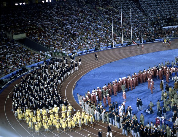 Athletes parade during the opening ceremony of the 1992 Barcelona Olympic Games.