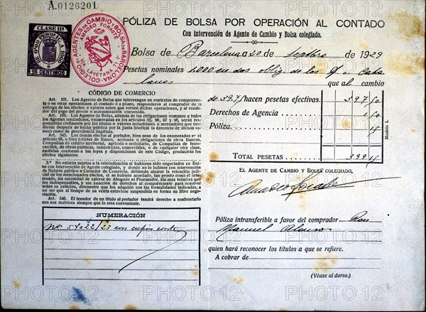 Stock policy by cash transaction issued in Barcelona in 1929, the document proves the ownership o?