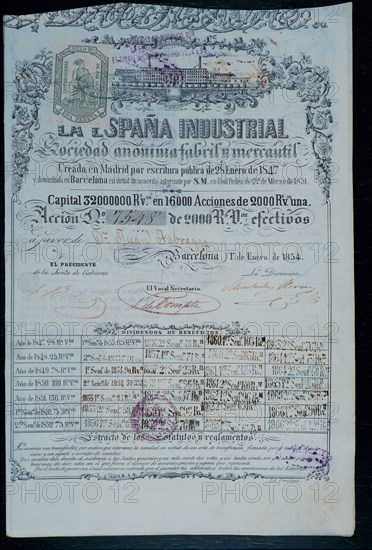 Shares of vellon reals (old Spanish money) of the industrial and commercial Society La España Ind?