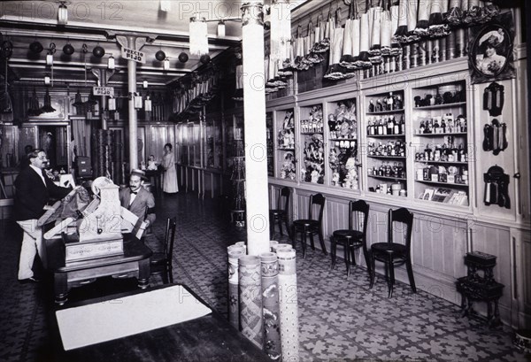 Interior of a toy store, carpets and cleaning objects located in 18 Puertaferrisa street, Barcelo?