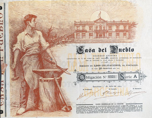 Mortgage bond of Casa del Pueblo, SA, established in Barcelona on 1st July 1904.