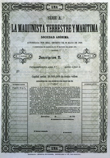 Reproduction of a share of the company Maquinista Terrestre y Marítima, S.A., from Barcelona, fir?