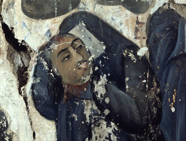 Shiite woman with veil crying by her martyred husband martyred, wall paintings, 17th century.