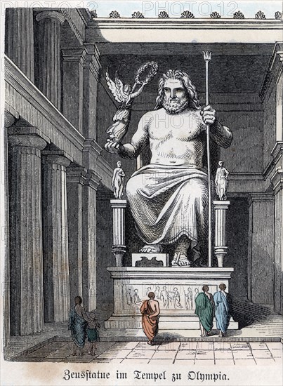 Statue of Olympian Jupiter in a Greek temple. Coloured engraving, 1865.