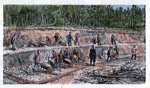 Chinese laborers working on the Transiberian railway works, engraving, 1890.