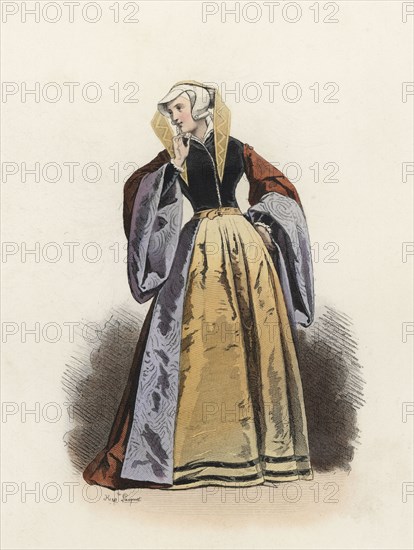 Prussian housekeeper with a party dress, in the modern age, color engraving 1870.