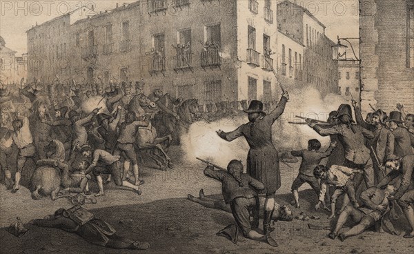 Scene of the popular uprising in Madrid against the French army of Napoleon on May 2, 1808, engra?