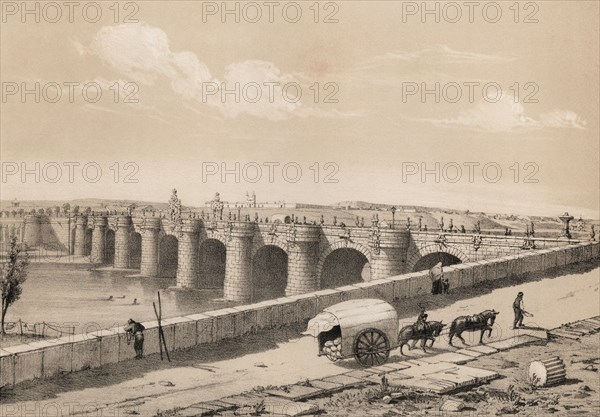 Madrid, Toledo bridge on the river Manzanares in 1842, Baroque (churrigueresco), built between 17?