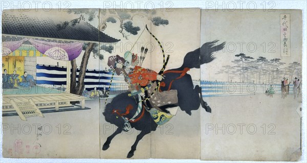 Archery at the samurai in the gardens of Chiyoda No Onmote-Yabusame Jyoran, popular card, 1897.