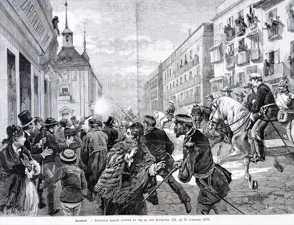 Attack in Madrid against King Alphonse XII. 25 Oct. 1878, engraving in the 'Illustration'.