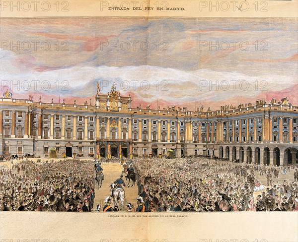 Alphonse XII, entry into the palace of Oriente in 1875, colored engraving of 'La Ilustración Espa?