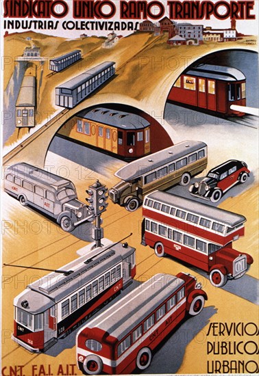 Poster advertising the urban public services, published by CNT and FAI during the years of the Se?