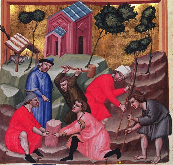 Masons and stonecutters, detail of the miniature in 'Codex Justinian Institutiones Feodorum et Al?