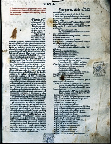 Canon of Medicine, page of Book I of the Latin edition 1490, work by Avicenna.