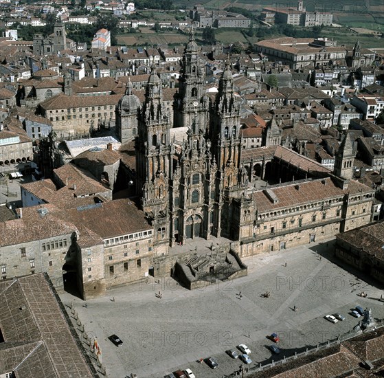 Aerial view of the Cathedral of Santiago de Compostela, dated in 1103..