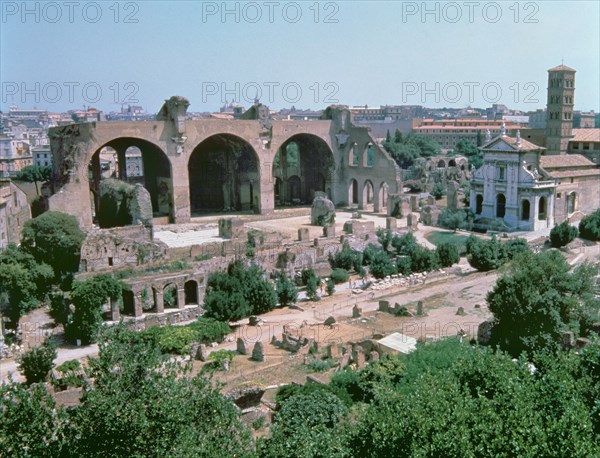 Overview of the forum with the Basilica of Constantine in Rome.