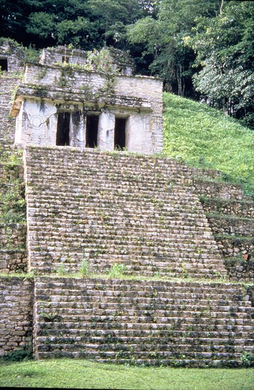 Detail of the staircase and top wall of the pyramid of the Mayan ruins of Bonampak.