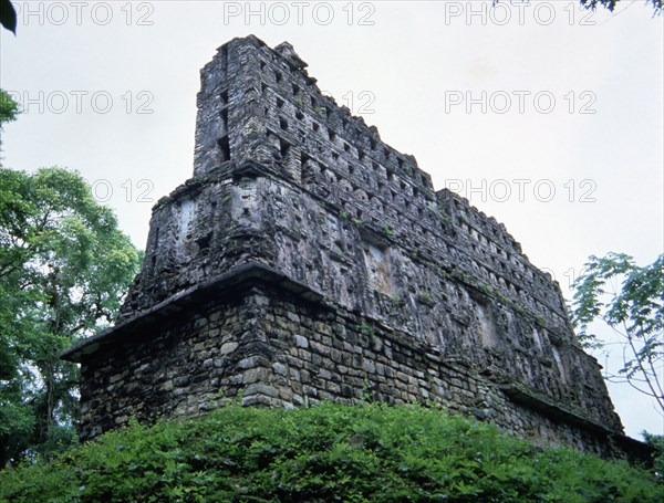 Back view of the temple number 33, known as 'Temple of the bird and the jaguar' in the Mayan ruin?