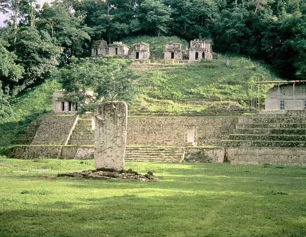 View of small temples in the ruins of Bonampak.