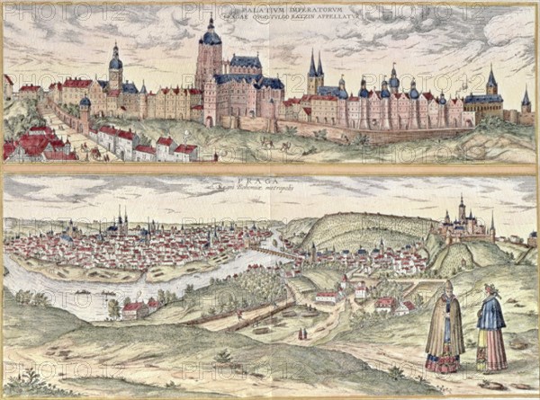 View of Prague, representing the Imperial Palace or Hradschin in the upper part and the town with?