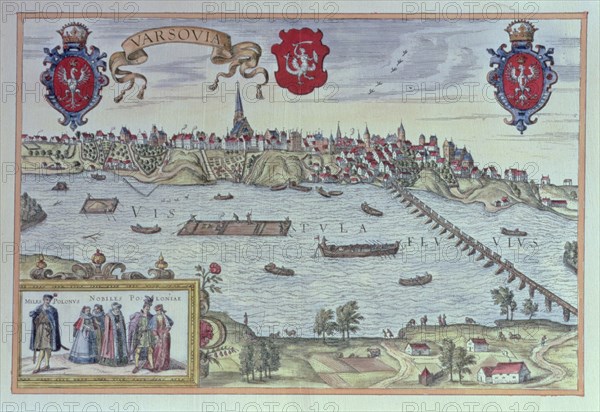 View of the city of Warsaw along the Vistula River, engraving in 'Alte Europäische Städtebilder'.