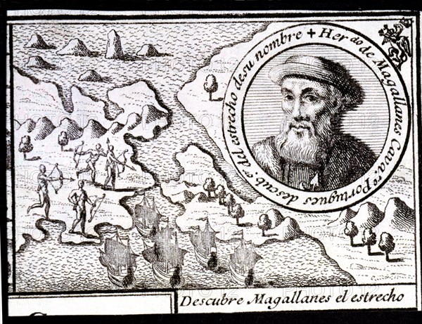 Magellan discovers the Strait', engraving from 1726, Ferdinand Magellan (1480-1521), Portuguese n?