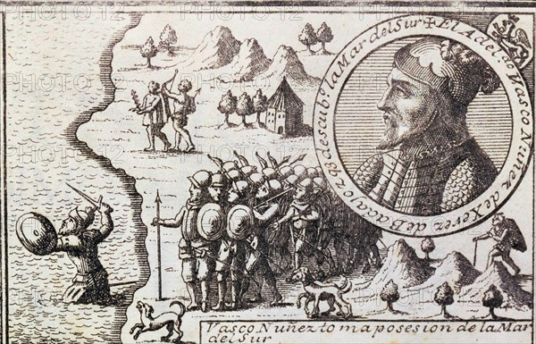 'Vasco Nunez takes possession of the South Sea', engraving from 1726, Vasco Nunez de Balboa, (14?