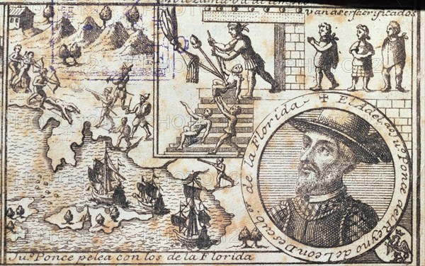 'Juan Ponce fights with the Florida people' and 'they are going to be killed', engraving from 17?